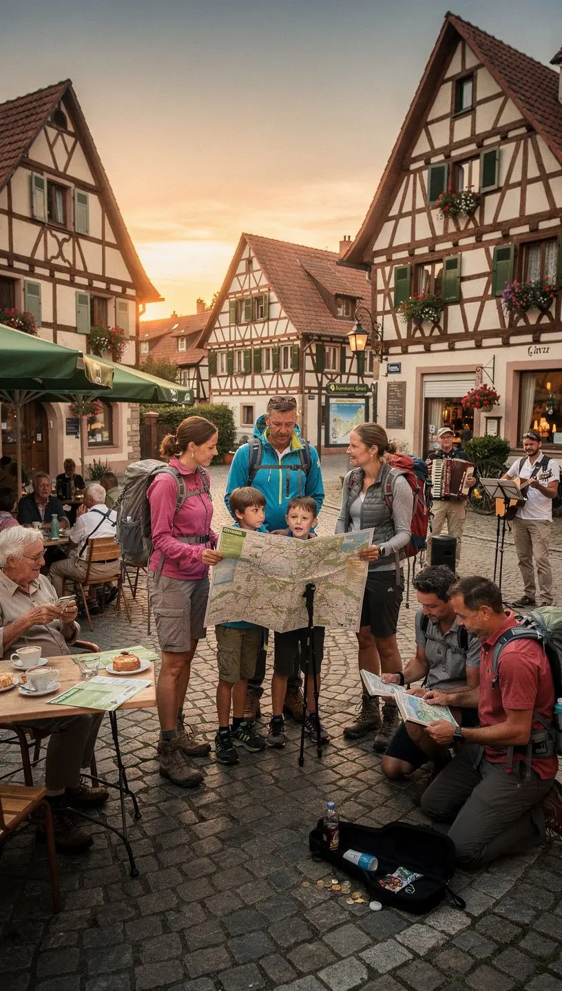 Berater im Wanderzentrum erklärt einem Besucher die optimale Route anhand einer großen Landkarte.