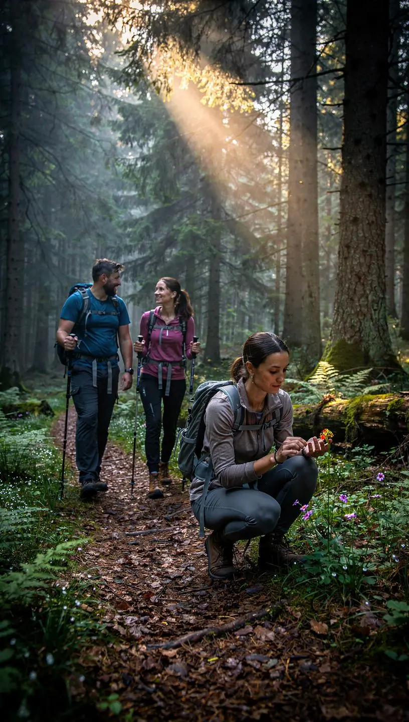 Moderne Wanderausrüstung zur Miete, einschließlich Rucksäcken, Wanderstöcken und wetterfester Kleidung.